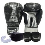 Kit Boxe / Muay Thai / Kickboxing - Luva 10 Oz Preta com Prata + Bandagem + Protetor Bucal - Thunder Fight - Ref 1049