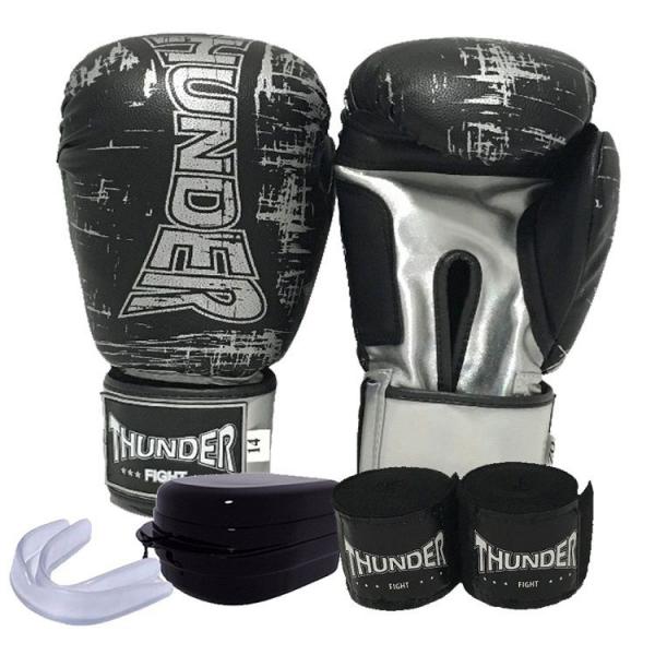 Kit Boxe / Muay Thai / Kickboxing - Luva 14 Oz Preta com Prata + Bandagem + Protetor Bucal - Thunder Fight - Ref 986