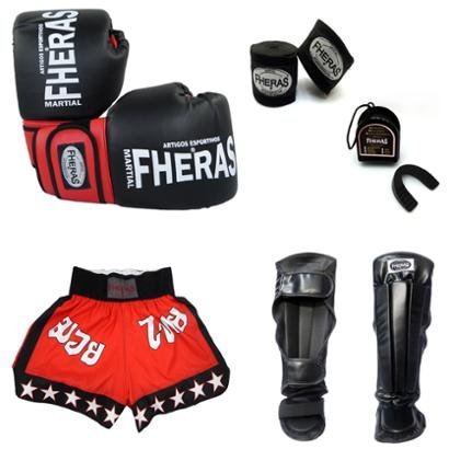Kit Boxe Muay Thai Luva Bucal Shorts Caneleira Bandagem 08 OZ