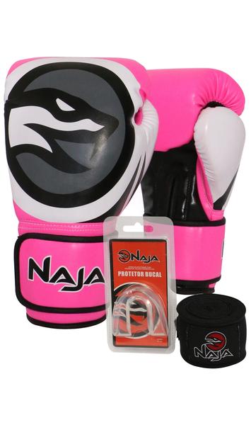 Kit Boxe Muay Thai - Luva Colors Flúor Rosa + Bandagem (2,30 Metros) Preta + Protetor Bucal Simples - Naja