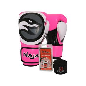 Kit Boxe Muay Thai - Luva Colors Flúor Rosa + Bandagem (2,30 Metros) Preta + Protetor Bucal Simples Transparente - Naja