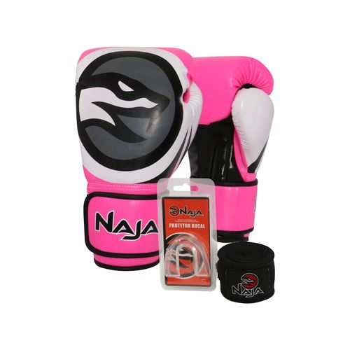 Kit Boxe Muay Thai - Luva Colors Flúor Rosa + Bandagem (2,30 Metros) Preta + Protetor Bucal Simples