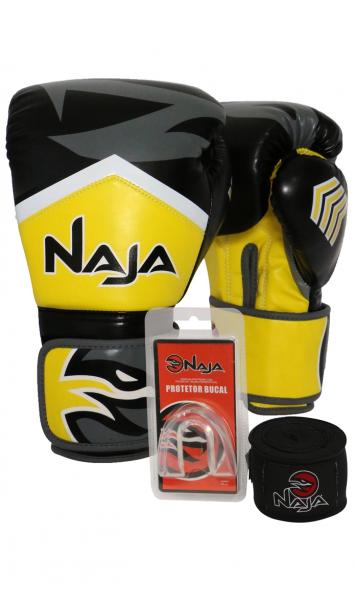 Kit Boxe Muay Thai - Luva New Extreme Amarela + Bandagem (2,30 Metros) Preta + Protetor Bucal Simple - Naja