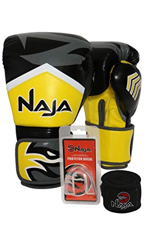Kit Boxe Muay Thai - Luva New Extreme Amarela + Bandagem (2,30 Metros) Preta + Protetor Bucal Simples Transparente - Naja - 12 OZ
