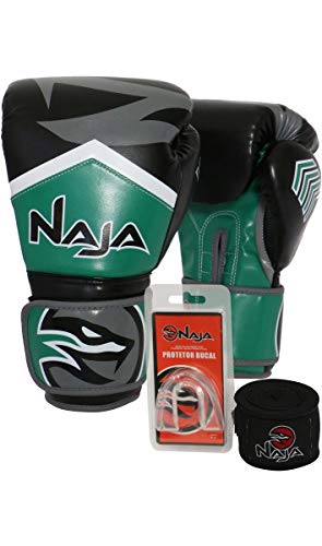 Kit Boxe Muay Thai - Luva New Extreme Verde + Bandagem (2,30 Metros) Preta + Protetor Bucal Simples Transparente - Naja - 14 OZ