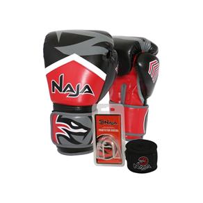 Kit Boxe Muay Thai - Luva New Extreme Vermelha + Bandagem (2,30 Metros) Preta + Protetor Bucal Simples Transparente - Naja - 12 OZ