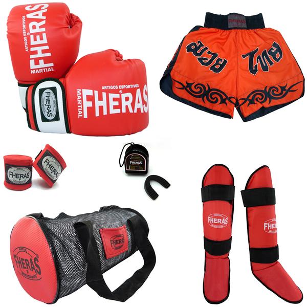 Kit Boxe Muay Thai Orion + Caneleira Bolsa Shorts- VM/BC - Fheras
