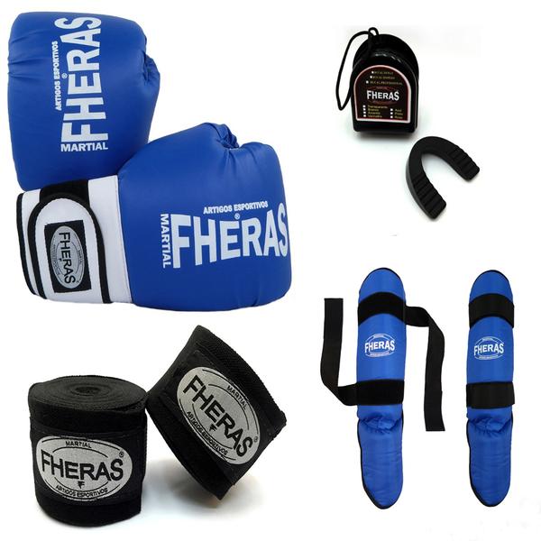 Kit Boxe Muay Thai Orion Luva Bandagem Bucal Caneleira - Azul/Branco - Fheras