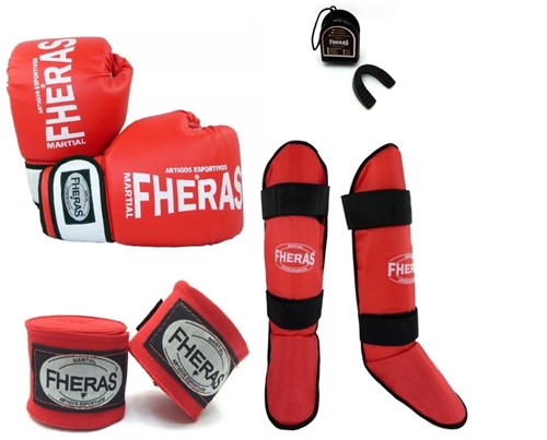 Kit Boxe Muay Thai Orion - Luva Bandagem Bucal Caneleira Shorts ( Fheras) - 08 Oz Vermelho/Branco