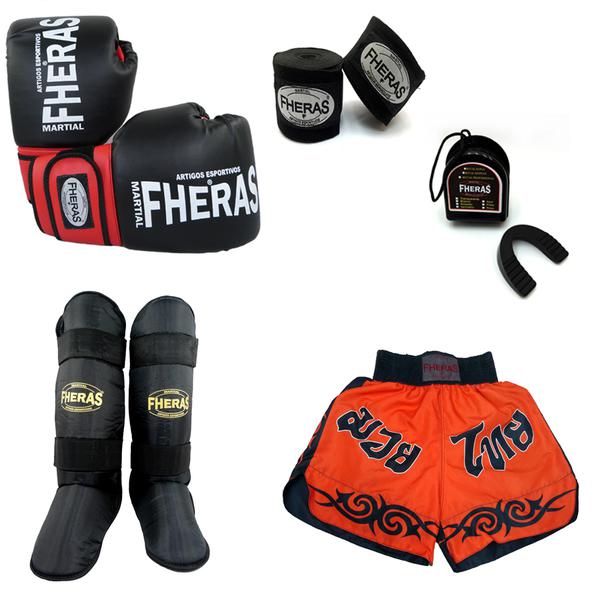 Kit Boxe Muay Thai Orion Luva Bandagem Bucal Caneleira Shorts - Preto/Vermelho - Fheras