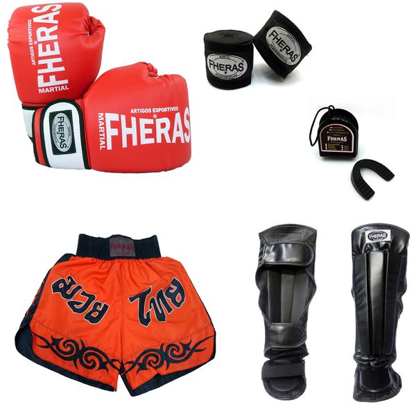 Kit Boxe Muay Thai Oríon - Luva Bandagem Bucal Caneleira Shorts - Vermelho/Preto - Fheras