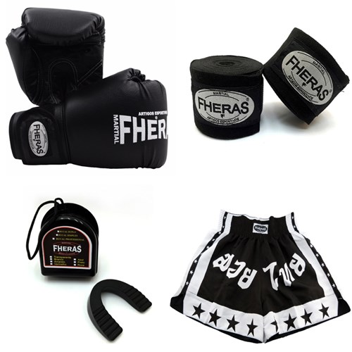 Kit Boxe Muay Thai Preto Fheras Tradicional 14 Oz