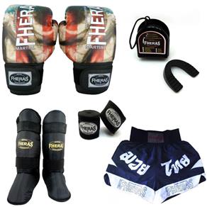 Kit Boxe Muay Thai Top - Luva Bandagem Bucal Caneleira Free Style Shorts(Fheras) - 10 Oz - Bandeira