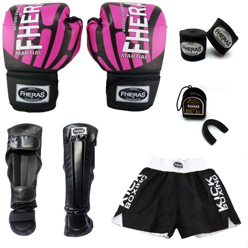 Kit Boxe Muay Thai Top - Luva Bandagem Bucal Caneleira Shorts - 14 OZ Elite Rosa