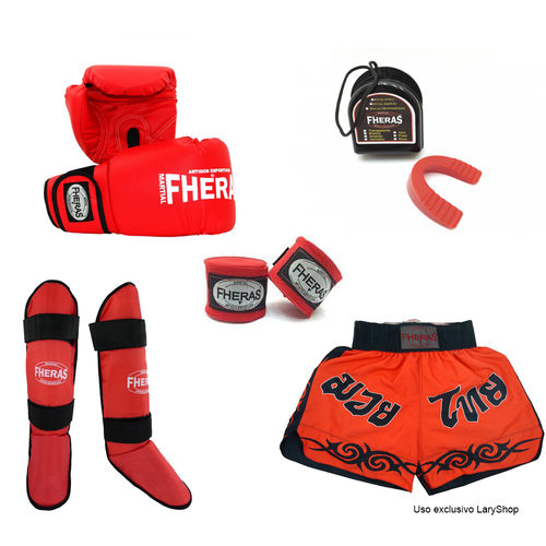 Kit Boxe Muay Thai Trad- Luva Bandagem Bucal Caneleira Bolsa Shorts (Tribal) - 12 Oz- Vermelho