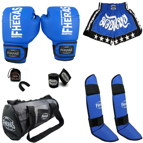 Kit Boxe Muay Thai Trad - Luva Bolsa Bucal Bandagem Caneleira Shorts - 14 OZ Azul