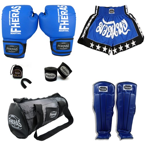 Kit Boxe Muay Thai Trad - Luva Bolsa Bucal Bandagem Shorts Caneleira - 14 OZ Azul