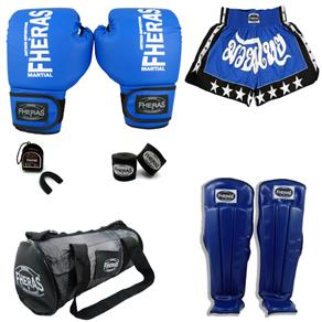 Kit Boxe Muay Thai Trad - Luva Bolsa Bucal Bandagem Shorts Caneleira - Azul - 10 Oz