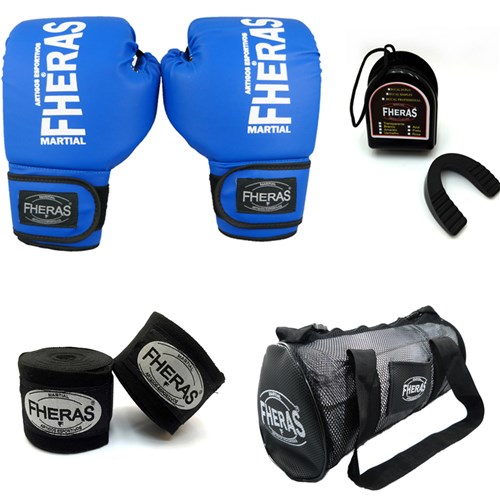 Kit Boxe Muay Thai Trad - Luva Bucal Bolsa Bandagem – 14 OZ Azul