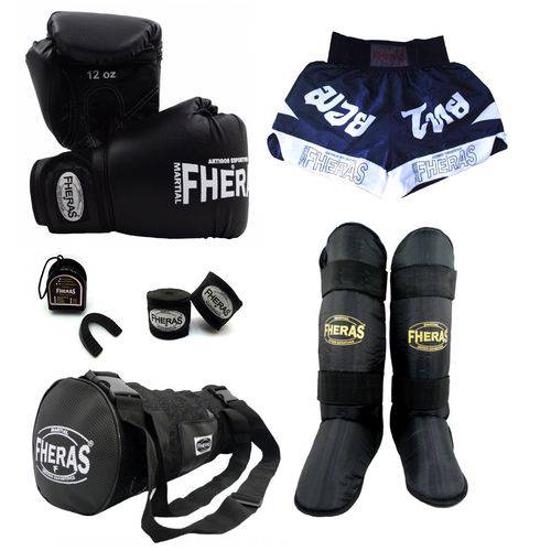Kit Boxe Muay Thai Tradicional - Luva Bandagem Bucal Caneleira Bolsa Shorts (fheras) - 14 Oz- Preto