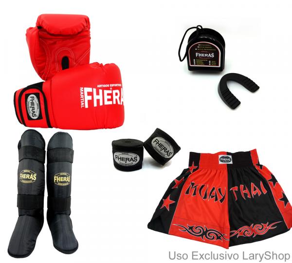 Kit Boxe Muay Thai Orion - Luva Bandagem Bucal Caneleira Free Style Shorts (Bicolor) 12oz - PT/VM - Fheras