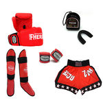 Kit Boxe Muay Thai Tradicional Luva Bandagem Bucal Caneleira Shorts(Estrela) 12 Oz Vermelho