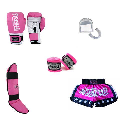 Kit Boxe Muay Thai Tradicional Luva Bandagem Bucal Caneleira Shorts(estrela2) - 10 Oz - Rosa