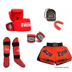 Kit Boxe Muay Thai Tradicional Luva Bandagem Bucal Caneleira Shorts(tribal) 08 Oz Vermelho