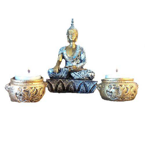 Kit Buda Hindu Dourado Meditação Espelhado 2 Porta Vela Yoga