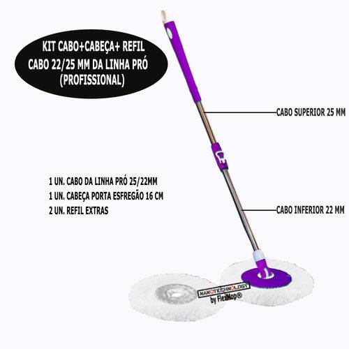 Kit Cabo Mop Profissional 25mm + Base + 2 Unid. Refil Extra