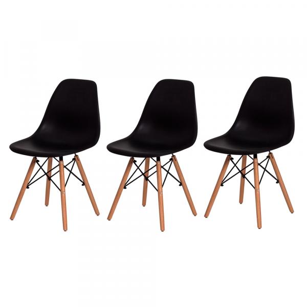 Kit 3 Cadeiras Eiffel Eames DSW Preta Base Madeira - Waw Design