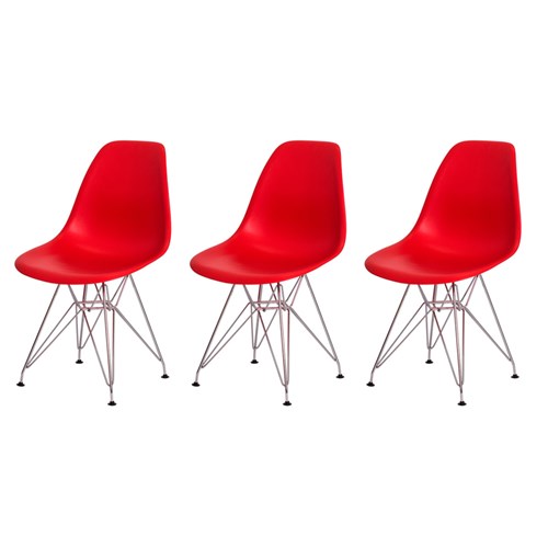 Kit 3 Cadeiras Eiffel Eames Vermelha Base Cromada