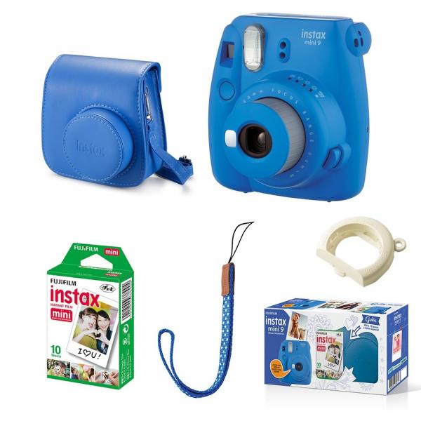 Kit Câmera Instantânea Fujifilm Instax Mini 9 Azul Cobalto + 10 Fotos + Bolsa Especial Azul