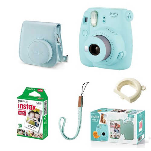 Kit Câmera Instantânea Fujifilm Instax Mini 9 C/ Bolsa e Filme 10 Poses Azul Acqua