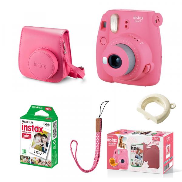 Kit Câmera Instantânea Fujifilm Instax Mini 9 C/ Bolsa e Filme 10 Poses - Rosa Flamingo