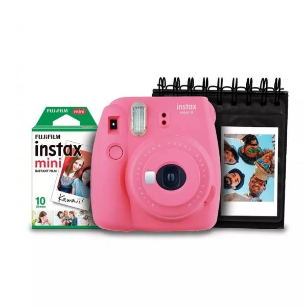 Kit Câmera Instantânea Instax Mini 9 Fujifilm com Porta Fotos e Filme 10 Poses - Rosa Flamingo