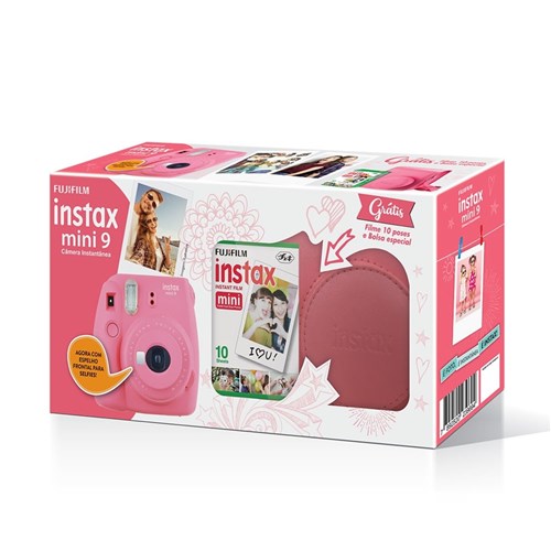 Kit Câmera Instax Mini 9 Rosa Flamingo + Case + Filme 10 Poses