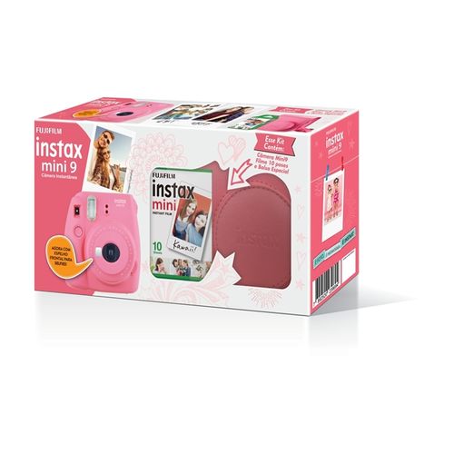 Kit Câmera Instax Mini 9 Rosa Flamingo + Case + Filme 10 Poses*