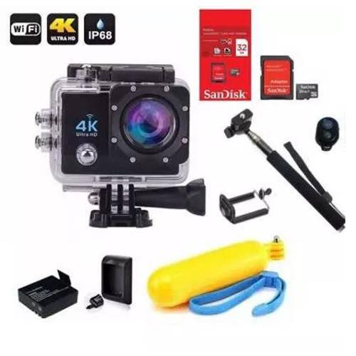 Kit Câmera Sports Go Cam 4k com Cartão Micros Sd, Bateria Extra, Carregador, Bastão Selfie e Bóia