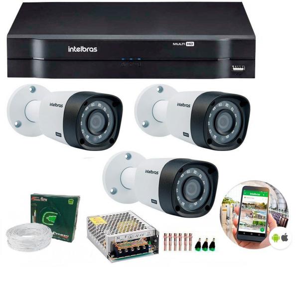 Kit 3 Câmeras de Segurança HD 720p Intelbras VHD 3130 B G4 + DVR Multi HD + Acessórios