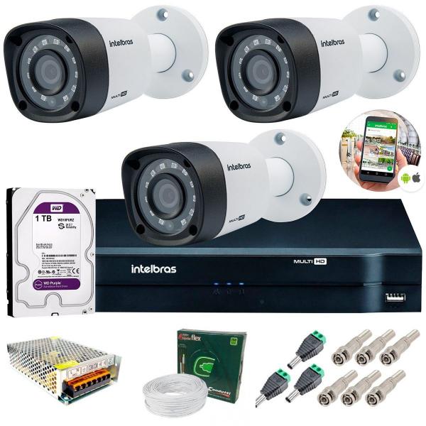 Kit 3 Câmeras de Segurança HD 720p Intelbras VHD 3130 B G4 + DVR Multi HD + HD-1TB + Acessórios