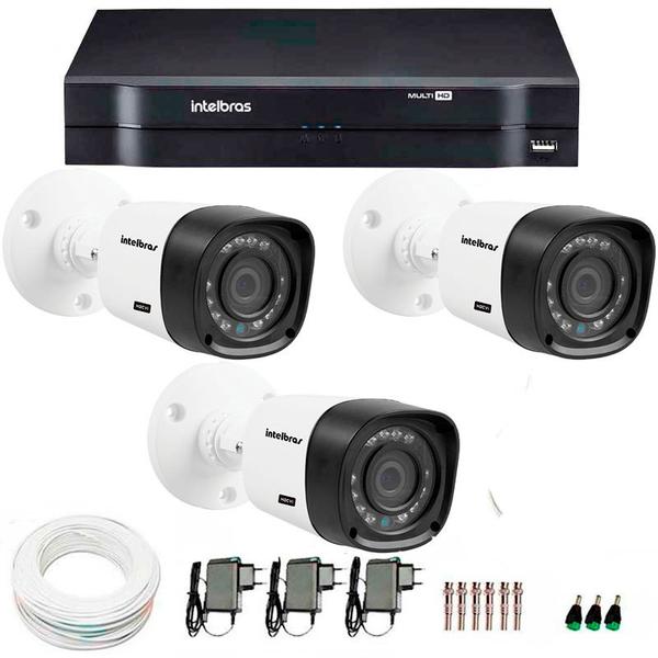 Kit 3 Câmeras de Segurança HD 720p Intelbras VHD 1120B G4 + DVR Intelbras Multi HD + Acessórios