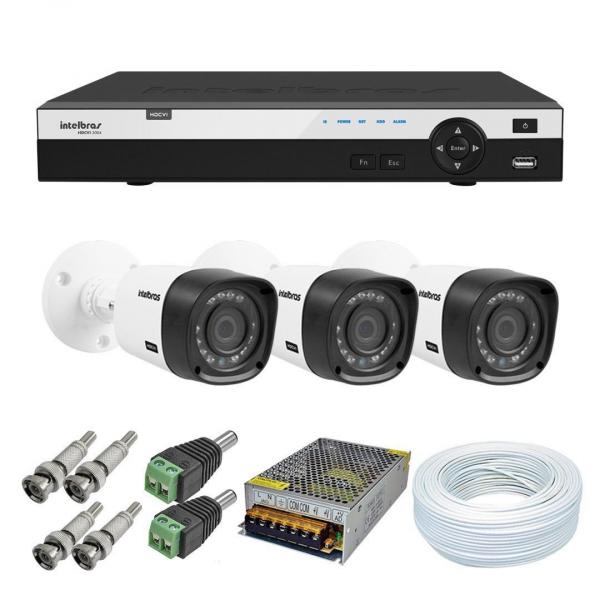 Kit 3 Câmeras de Segurança Intelbras 1080P VHD 1220B + Dvr Intelbras 3004 + Acessórios