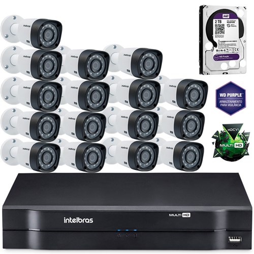 Kit Câmeras de Segurança Intelbras Multihd Dvr 16C + 16 Câmeras 1010B G3 + Hd Western Purple 2Tb