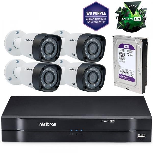 Kit Câmeras de Segurança Intelbras MultiHD DVR 8c + 4 Câmeras 1010B G3 + HD Western Purple 1Tb