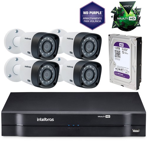 Kit Câmeras de Segurança Intelbras Multihd Dvr 8C + 4 Câmeras 1010B G3 + Hd Western Purple 1Tb