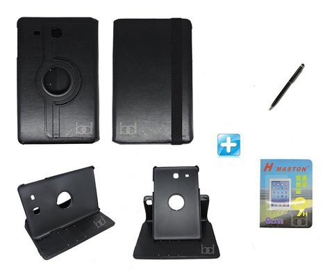 Kit Capa Galaxy Tab e 9.6 T560/T561 Giratória Designer Coreano + Pel Vidro + Caneta Touch (Preto)