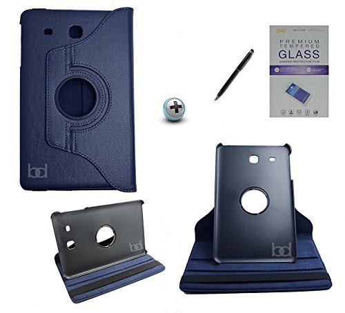 Kit Capa para Galaxy Tab e 9.6 T560/T561 Giratória 360 + Película de Vidro + Caneta Touch (Azul Escuro)