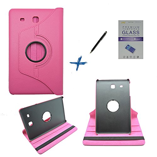 Kit Capa para Galaxy Tab e 9.6 T560/T561 Giratória 360 + Película de Vidro + Caneta Touch (Pink)
