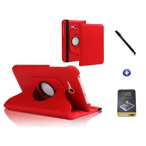Kit Capa para Galaxy Tab Lite 7" T110/T111 Giratória 360 + Película de Vidro + Caneta Touch (Vermelh